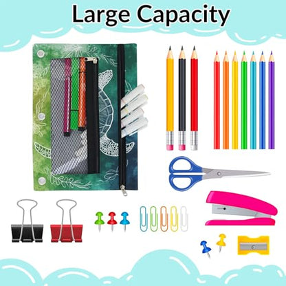 Sea Turtle Pencil Pouch for 3 Ring Binder Teal Green Pencil Case Bag with Clear Window Zipper Pockets for Kids Girls Boys Students School College Supplies 2 Pack - color: Teal Green