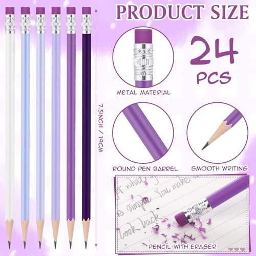 24 Pcs Round Pencils with Eraser 2 HB Cute Pencils Bulk for School Graphite Wood Color Unsharpened Pencil for Drawing Sketching Wedding School Teacher Supplies Student Reward - color: Purple