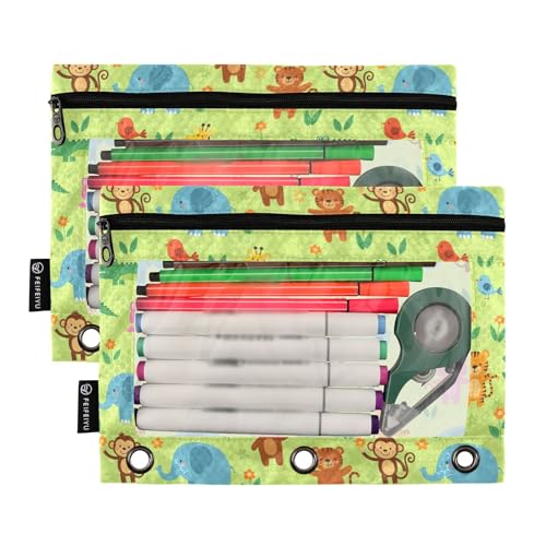 Emelivor Cartoon Animals Green Pencil Pouch for 3 Ring Binder 2 Pack Binder Pencil Case with Clear Window Pencils Bags with Zipper for Office Daily College Home Supplies - color: 31-Cartoon Animals