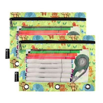 Emelivor Cartoon Animals Green Pencil Pouch for 3 Ring Binder 2 Pack Binder Pencil Case with Clear Window Pencils Bags with Zipper for Office Daily College Home Supplies - color: 31-Cartoon Animals