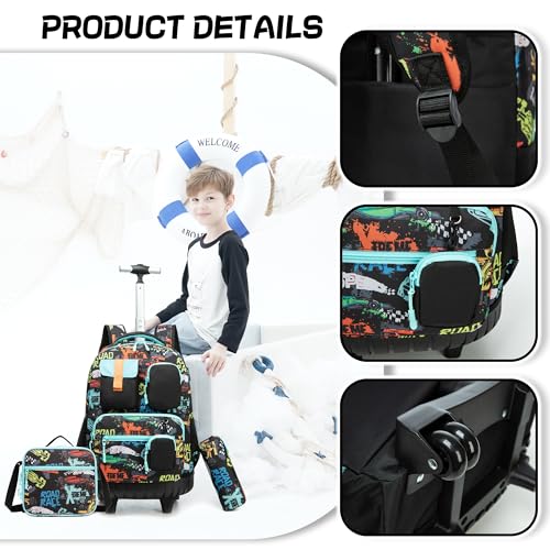 Meetbelify Rolling Backpack for Girls Boys Backpacks with Wheels Kids Carry on Luggage for Girls Boys - color: Boy Black