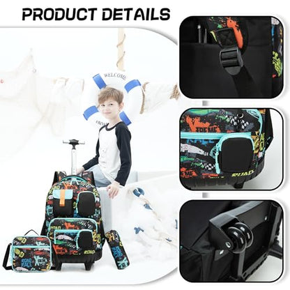 Meetbelify Rolling Backpack for Girls Boys Backpacks with Wheels Kids Carry on Luggage for Girls Boys - color: Boy Black