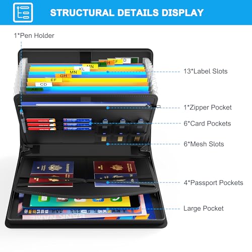 Hontom Fireproof Accordion File Organizer with Lock, 13 Pockets File Folder | Expanding Portable Business Document Organizer with Handle and Secure Storage for Letter A4 Files