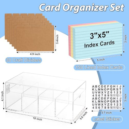3 x 5 Inch Acrylic Index Card Holder Clear Index Card Box Note Card Organizer with 150 Ruled Lined Index Cards 30 Kraft Dividers A-Z Stickers 4 Divider for Holds 600 Cards Tabs Note Recipe Cards