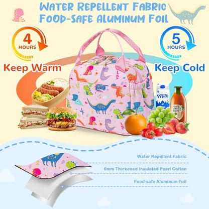 CAMTOP Girls Lunch Box Kids Insulated Lunch Bag Kids Cute Lunchbox for Girls Loncheras Para Niñas - color: Pink Dinosaur