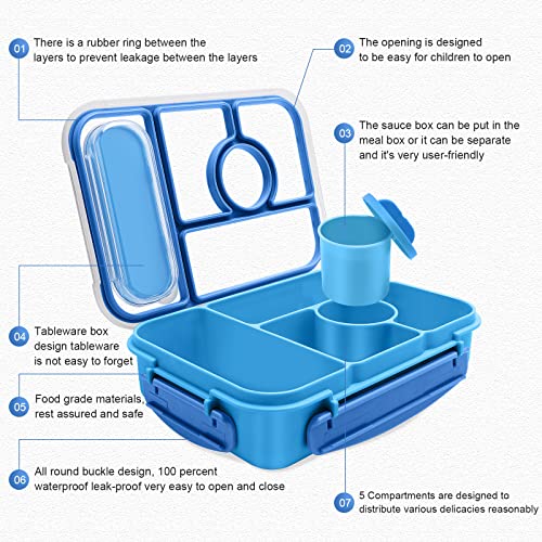 Amathley Bento Box Adult Lunch Box Kids,Lunch Containers for Adults/Kids/Toddler,5 Compartments Bento Lunch Box with Sauce Vontainers,Microwave & Dishwasher & Freezer Safe,BPA-Free (Blue) - color: Blue