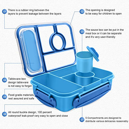 Amathley Bento Box Adult Lunch Box Kids,Lunch Containers for Adults/Kids/Toddler,5 Compartments Bento Lunch Box with Sauce Vontainers,Microwave & Dishwasher & Freezer Safe,BPA-Free (Blue) - color: Blue