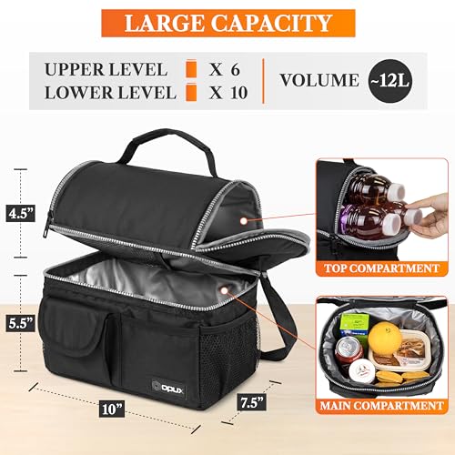 opux Insulated Lunch Bag Women Men, Dual Compartment Leakproof Lunch Box Adults Kids, Double Decker Meal Prep Bento Lunch Cooler Tote with Shoulder Strap for Work Office School Travel, Black - color: Black