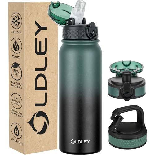 Oldley Insulated Water Bottle 20oz With Straw, Stainless Steel With 3 Lids, Double Wall Vacuum for Adult Kids, Sports for School Travel, Green-Black - color: Green-black, size: 20 Ounces
