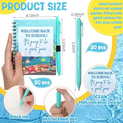 Dunzoom 40 Pcs Welcome Back to School Gifts Bulk Spiral Notebooks with Sticky Notes Motivational Pens First Day of School Notepads Party Favor for Teacher Student Classroom(Ocean Sea,Blue) - style: Ocean Sea