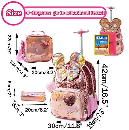 Girls Kids Rolling Backpack with Wheels Trolley School Bag Waterproof Travel Luggage for Kids Girls and Students lunch bag Lightweight and Multi functional 5-10 Years Old - color: C