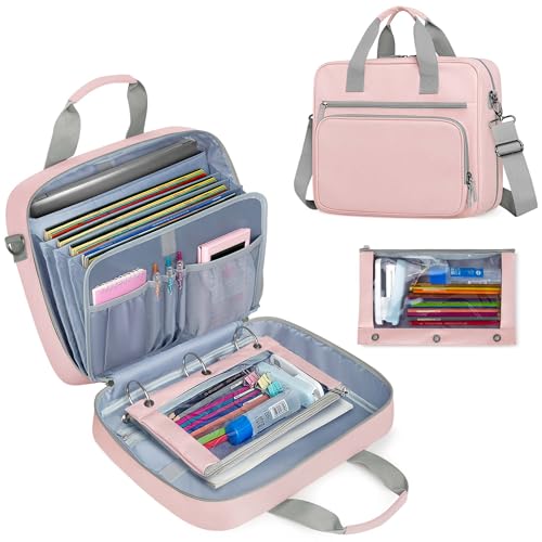 Yarwo 2026 Upgraded Zipper Binder 3 Ring Binder Bag with Pencil Pouch | 500 Sheets Capacity, 5-Tab Expanding File Folder, 14” Laptop Padded Sleeve, Shoulder Strap, for College, Office, Home, Pink - color: Pink