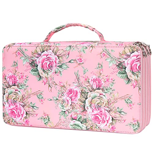 Vomgomfom 300 Slots Marker Bag, 4-Layer Zipper Portable Art Supply Organizer, PU Leather Large Capacity Marker Case Holds 100 Markers or 300 Colored Pencils with Handle (Pink Rose) - color: D Pink Rose, size: 300 Slots
