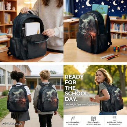 Cool Wolf Backpack for Boys Girls Backpack with Lunch Box Water Bottle Holder with Strap and Big Pencil Case 4PCS Set Bookbag Back to School Gifts for School Teens 17" Sturdy School Bag - color: Cool Wolf