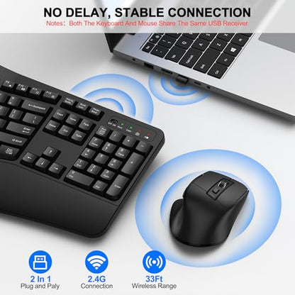 Wireless Keyboard and Mouse Combo, 2.4G Full Size Wave Keys Ergonomic Keyboard with Wrist Rest and 3-Level DPI Adjustable Wireless Ergonomic Mouse for Windows, Mac OS Desktop/Laptop/PC(Black) - color: Black