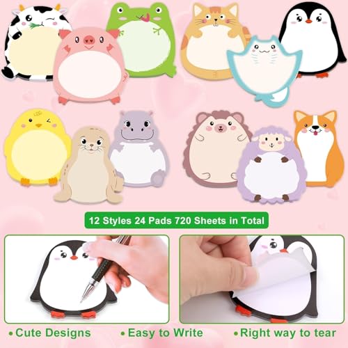 Fancy Land 24 Pads Cute Sticky Notes Cartoon Animal Pattern Sticky Notes for Teachers Classrooms 720 Sheets Memo Pads Teacher Appreciation Gift Home Office Supplies Cute - style: Cute