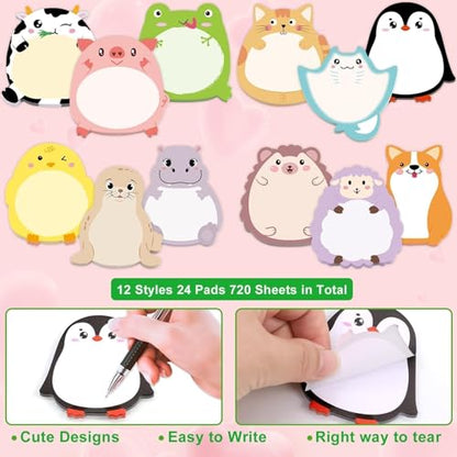 Fancy Land 24 Pads Cute Sticky Notes Cartoon Animal Pattern Sticky Notes for Teachers Classrooms 720 Sheets Memo Pads Teacher Appreciation Gift Home Office Supplies Cute - style: Cute