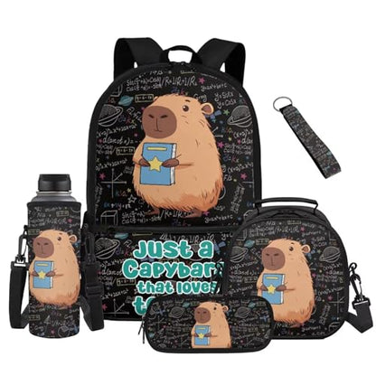 Cartoon Capybara Kids Backpack Set 5 Pieces with Lunch Bag Pencil Case and Bottle Sleeve Large Capacity School Bag for Girls Boys and Travel - color: Cartoon Capybara