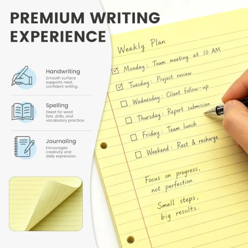 HIBOX Loose Leaf Paper Wide Ruled, 100 Sheets 8"x10.5" 3-Hole Punch, Yellow | Anti-Bleed, 11/32" Spacing, Filler Paper for Binders, College, Office, School Supplies, Back to School & Classroom Must Haves - color: Yellow