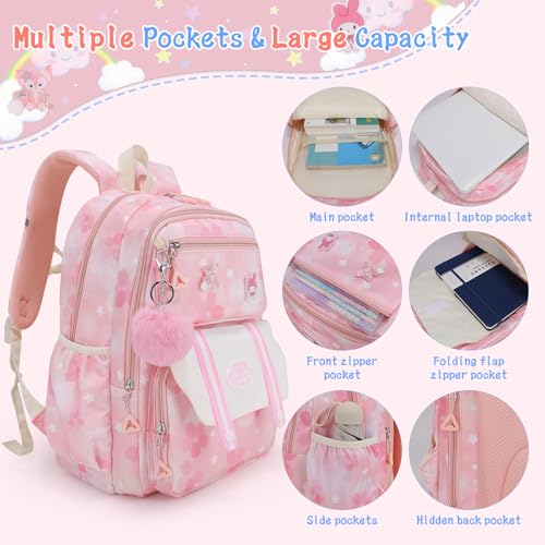 Girls Backpack,Cute Print School Kids Backpack with Insulated Lunch Box Pen Case Set,Kindergarten Elementary School Book Bag for Girls Children Students(3 pieces set -Pink) - color: 3 Pieces Set -Pink