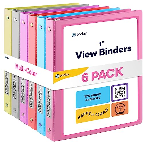 Enday 1 Inch Binder (6 Pack - Assorted Colors) 3 Ring Binder 1 inch with Clear View Cover and 2 Inside Pocket - for Letter Size 8.5 x 11'' Paper, Ideal for School Supplies, Office, and Home - size: 1-Inch