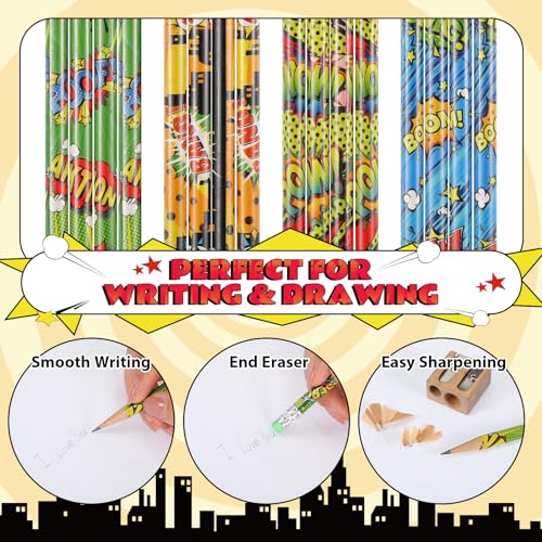 Fainne 72 Pieces Hero Cylinder Wood Pencils with Eraser, Snap Wham Pow Pencil 4 Patterns Assorted Pencil for Rewards, Party Favors, Goodie Bags, Gifts