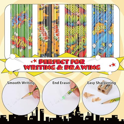 Fainne 72 Pieces Hero Cylinder Wood Pencils with Eraser, Snap Wham Pow Pencil 4 Patterns Assorted Pencil for Rewards, Party Favors, Goodie Bags, Gifts