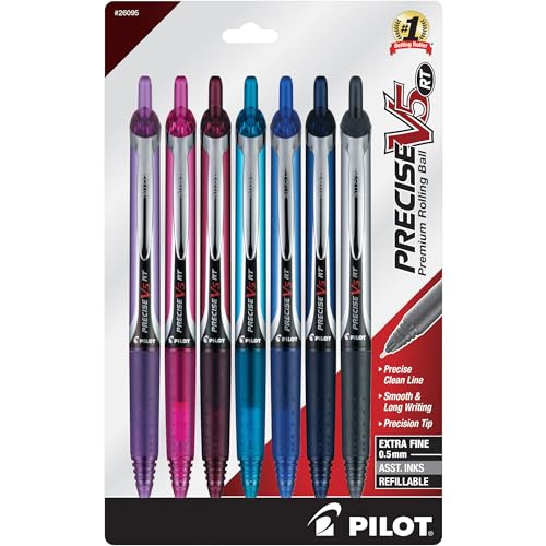 Pilot Precise V5 RT Refillable & Retractable Rolling Ball Pens, Extra Fine Point Pens, 0.5 mm, Assorted, Pack of 7 - Ideal for School, Journaling & Office Writing - color: Assorted 7