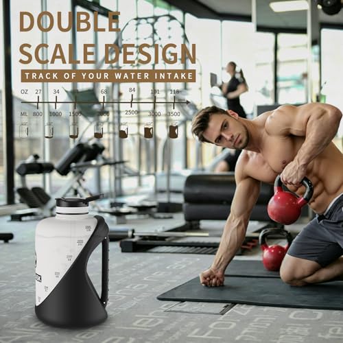Dishwasher Safe 1 Gallon Water Bottle, Heat Resistant Large Water Jug with 2-in-1 Flip Straw & Spout Lid, Heavy Duty Impact Resistant Gym Bottle with Separated Grip Handle - color: Black White, size: 128 Ounces