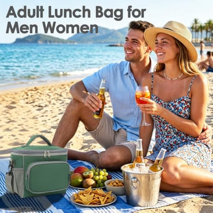 FlowFly Insulated Reusable Lunch Bag Adult Large Lunch Box for Women and Men with Adjustable Shoulder Strap,Front Zipper Pocket and Dual Large Mesh Side Pockets,ArmyGreen - color: ArmyGreen