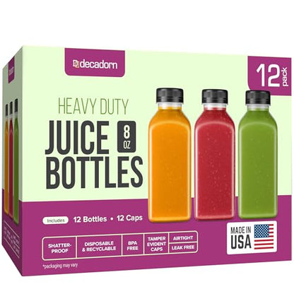 DECADORN 8oz 12pcs Plastic Bottles With Caps - Juicing Bottles For Juicing - MADE IN USA Clear Mini Bottle With Lids - Drink Container - Shatterproof, BPA-Free, Leak proof, Disposable & Recyclable - size: 8 oz 12 Pack