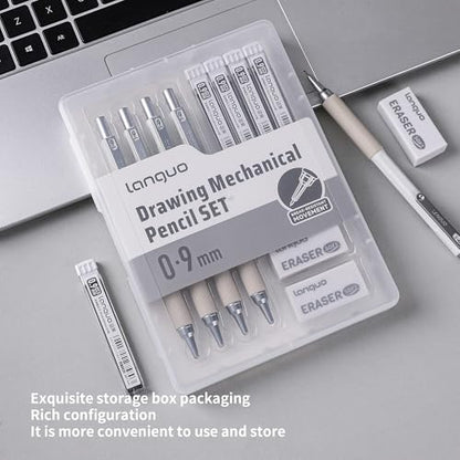 languo 0.9mm Mechanical Pencil Set with Case, 4PCS Drafting Mechanical Pencils Kit – 4 Tubes HB Lead Refills, 3 Erasers, Ideal Pencil Set for Writing & Drawing - style: 0.9mm