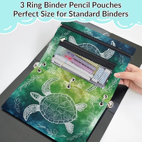 Sea Turtle Pencil Pouch for 3 Ring Binder Teal Green Pencil Case Bag with Clear Window Zipper Pockets for Kids Girls Boys Students School College Supplies 2 Pack - color: Teal Green