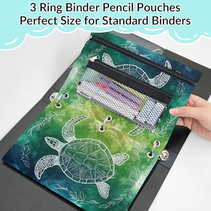 Sea Turtle Pencil Pouch for 3 Ring Binder Teal Green Pencil Case Bag with Clear Window Zipper Pockets for Kids Girls Boys Students School College Supplies 2 Pack - color: Teal Green