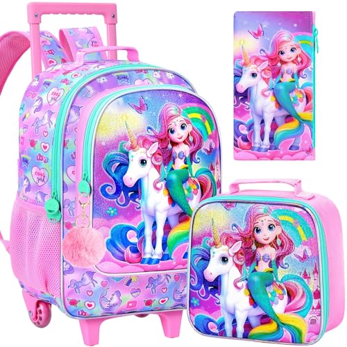 AGSDON 3PCS Kids Rolling Backpack, Girls Roller Wheels Bookbag, Wheeled Elementary School Bag with Lunch Bag - Mermaid - color: Fish Uni Rainbow Roller