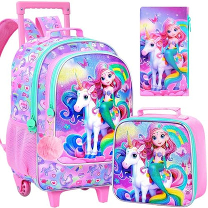 AGSDON 3PCS Kids Rolling Backpack, Girls Roller Wheels Bookbag, Wheeled Elementary School Bag with Lunch Bag - Mermaid - color: Fish Uni Rainbow Roller
