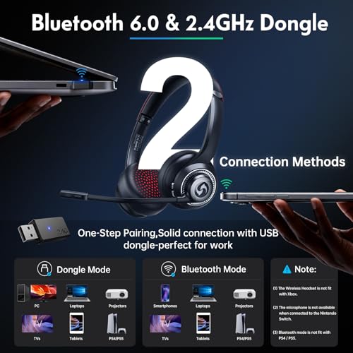 Wireless Headset with Mic for Work, Dual-Mode Bluetooth & 2.4GHz Dongle, 50H Talk Time, Headphone with mic ENC Noise Cancelling fit for Teams/Zoom, Glasses-Friendly - color: Black