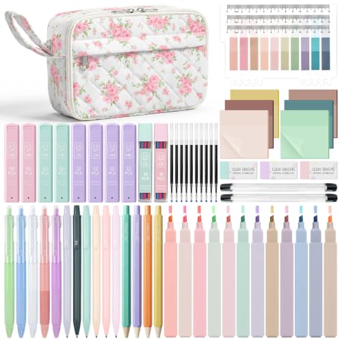 WOBAGMEN 62PCS Aesthetic School Supplies with Quilted Pencil Case, Pastel Highlighters, Gel Pens Mechanical Pencils Set, Cute Back to School Supplies, College Essentials (Big Pink Flora, M) - color: Big Pink Floral