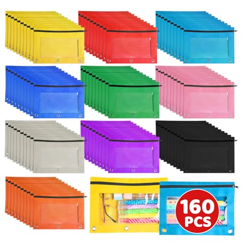 3 Ring Pencil Pouch,Bulk, 160 Packs Bulk Zipper Pencil Case in 10 Colors, Pencil Pouches with Clear Window for Storing School Office Supplies, Cloth Pencil Bag for 3 Hole Binder - color: 160pack Multicolored