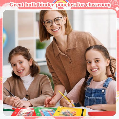 Colarr 200 Pcs Pencil Pouch for 3 Ring Binder 6 Colors Pencil Case Bags Bulk with Clear Window and Smooth Zipper for Students Children Office School Classroom Supplies