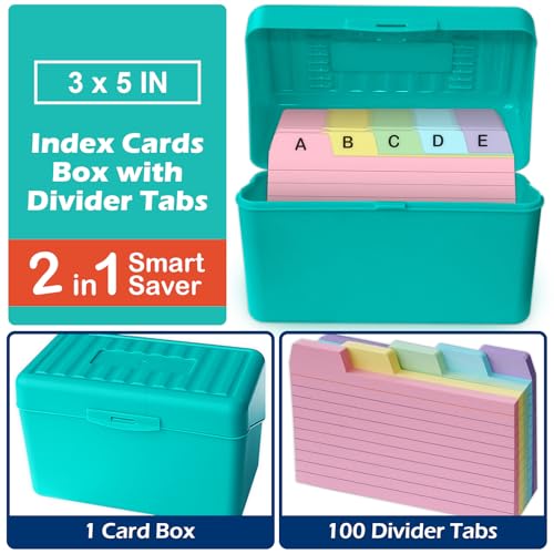 Olivo 3x5 Index Card Holder Box with 100 Cards Dividers Tabs 3"x 5", Teal - color: Teal, size: 3" x 5"