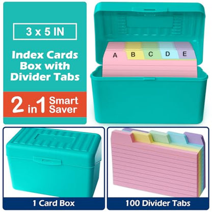 Olivo 3x5 Index Card Holder Box with 100 Cards Dividers Tabs 3"x 5", Teal - color: Teal, size: 3" x 5"