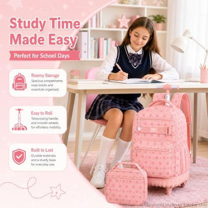 HPJGD 3PCS Rolling Backpack for Girls, Pink Star Roller School Backpacks with Wheels, Water-Resistant Wheeled Bookbag Set - color: Pink Star Rolling Backpack Set