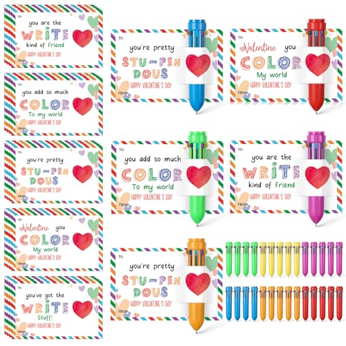 Sabary 24 Set Valentines Day Card and Multicolor Pen Gift Greeting Card and Retractable Multicolored Pen for Kids School Valentine's Day Student Classroom Exchange Gift Party Favor (Multicolor,10-in-1) - style: Multicolor,10-in-1