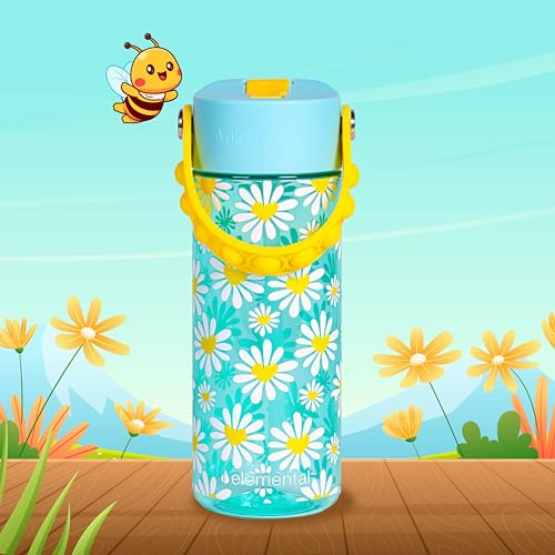 Elemental Water Bottles for Kids - Splash Kids Water Bottle for School with Pop-it Handle - BPA Free Tritan Plastic Water Bottle with Straw Leak Proof when Spout is Closed - Daisy Heart - 18oz - color: Daisy Heart Robin's Egg