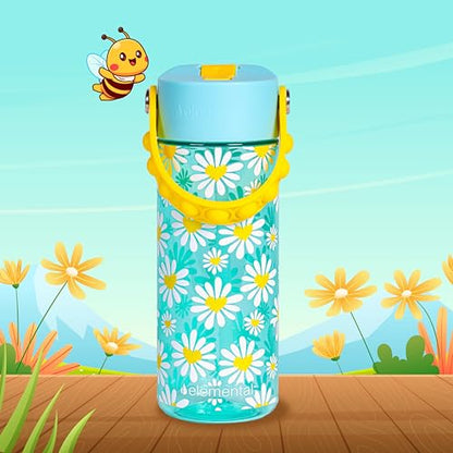 Elemental Water Bottles for Kids - Splash Kids Water Bottle for School with Pop-it Handle - BPA Free Tritan Plastic Water Bottle with Straw Leak Proof when Spout is Closed - Daisy Heart - 18oz - color: Daisy Heart Robin's Egg