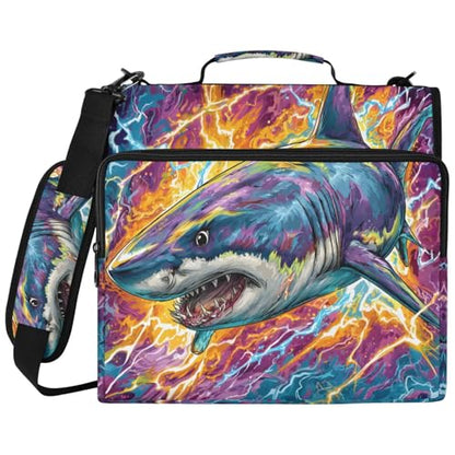 Fire and Lightnbing Shark 3 Ring Zipper Binder Bag with Laptop Pockets and Shoulder Strap Tote Binders Organizer Case for School Office - color: Lightnbing Shark