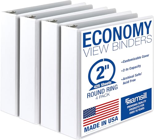 Samsill 2 Inch 3 Ring Binders, Economy Round Ring, Clear View Cover, 425 Sheet Capacity - for School, Home, Office - White, 4 Pack - color: White, size: 4-Pack, style: 2-Inch