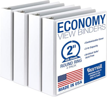 Samsill 2 Inch 3 Ring Binders, Economy Round Ring, Clear View Cover, 425 Sheet Capacity - for School, Home, Office - White, 4 Pack - color: White, size: 4-Pack, style: 2-Inch