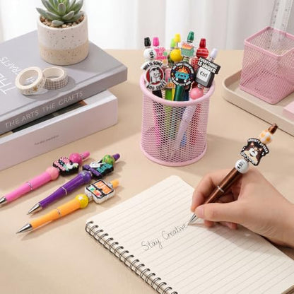 Geyee 12 Set Funny Beadable Pens Making Kit, Beaded Pens with Funny Silicone Focal Beads, Wood and Crystal Spacer Beads Black Ink Ballpoint Pen Kit for DIY Women Coworker Gift School Office Supplies - color: Multicolor, style: Funny
